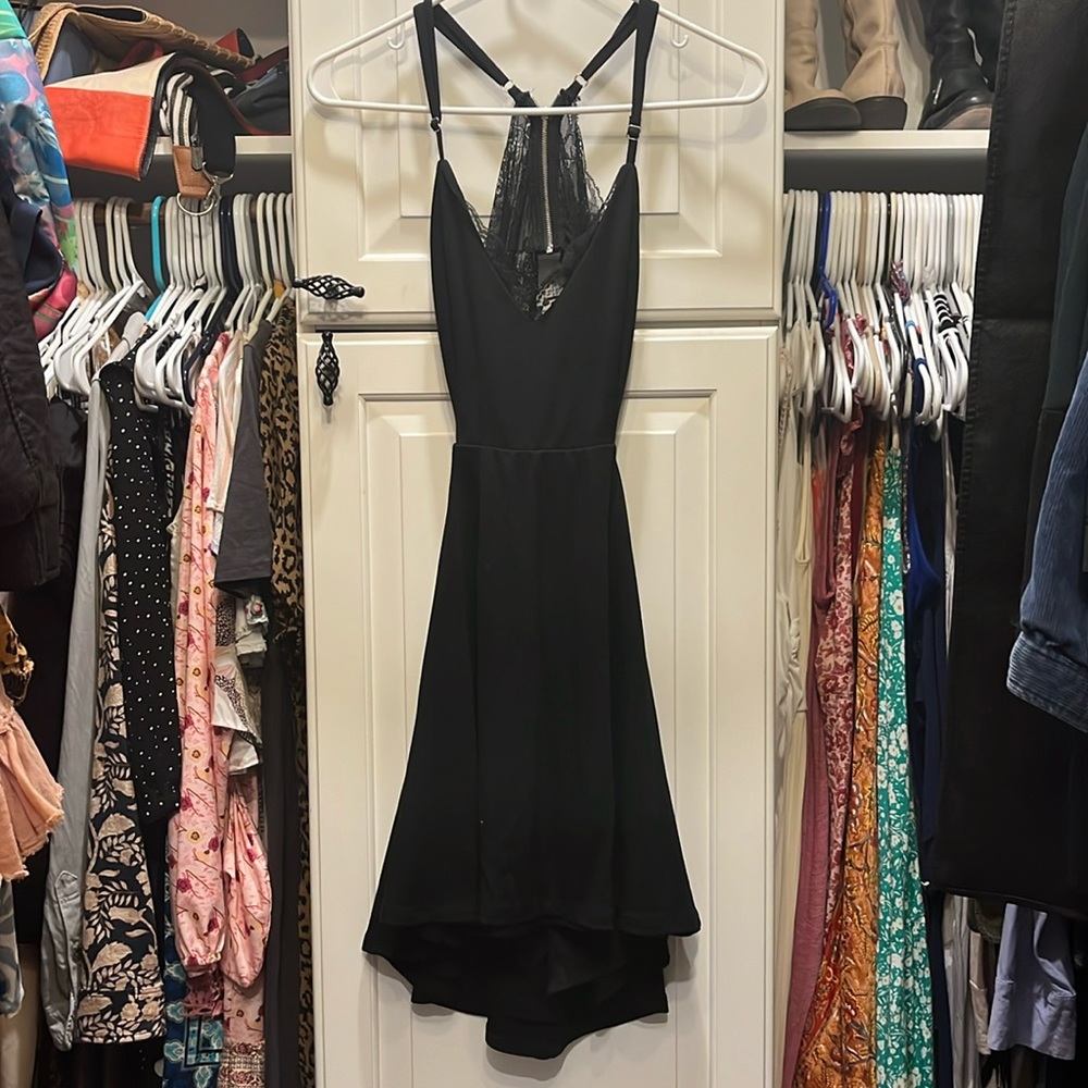 Lush brand black mini dress circle skirt lace back sz s lbd